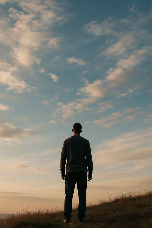 Image_2025_07_30_16_14_50 A picture of a man standing in open field and gazing at the sky a perfect day example of an individual asking what is my calling
