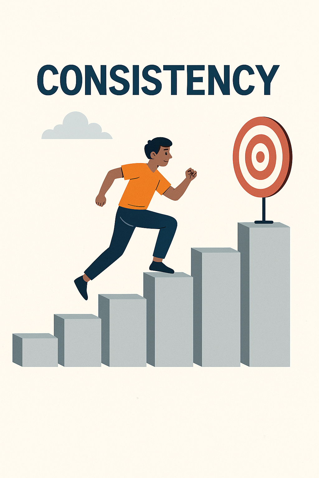 Flat-style illustration showing a person climbing a staircase made of calendar blocks, symbolizing daily effort and consistency toward a goal.