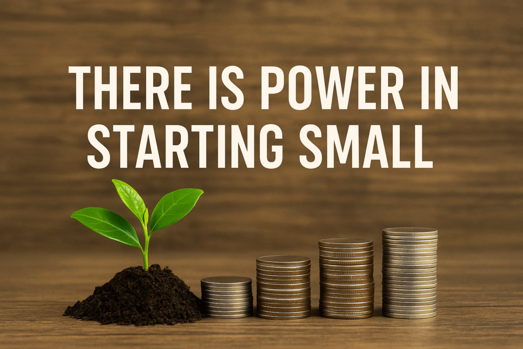 file_00000000dbec61f48413d3734774f05e Plant growing from soil beside stacked coins symbolizing financial growth from starting small.