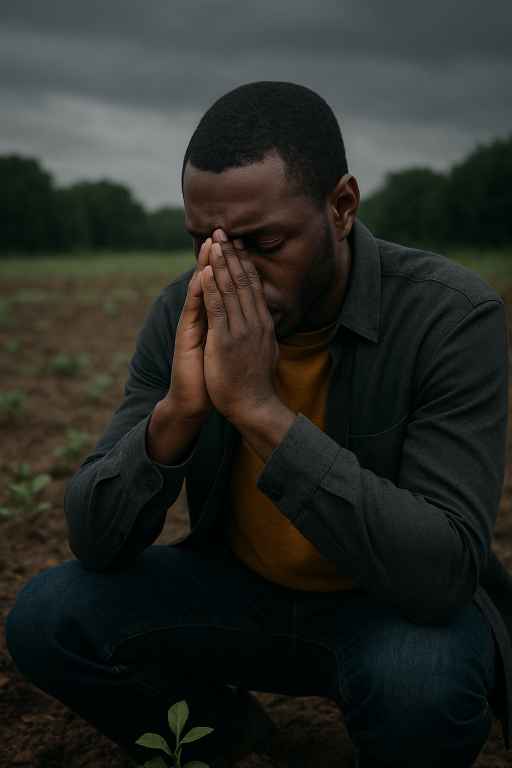 A man sitting confused in front of a new grown out plant asking why god's preparation is causing so much pain