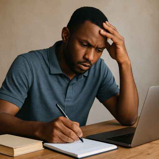 Upward habits: discipline Image Nigeria man using PC and note book and working hard. Example of how to be disciplined