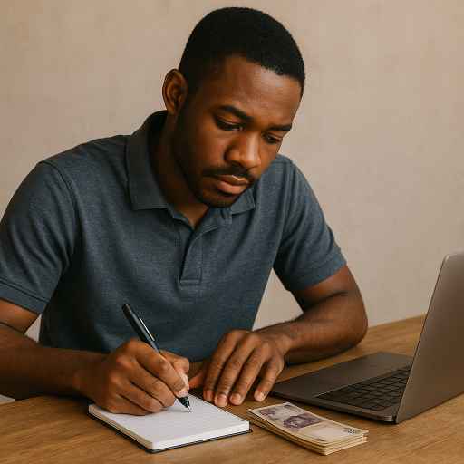 Young African man planning finances using laptop and notepad good example of free Wealth formula The ESI formula