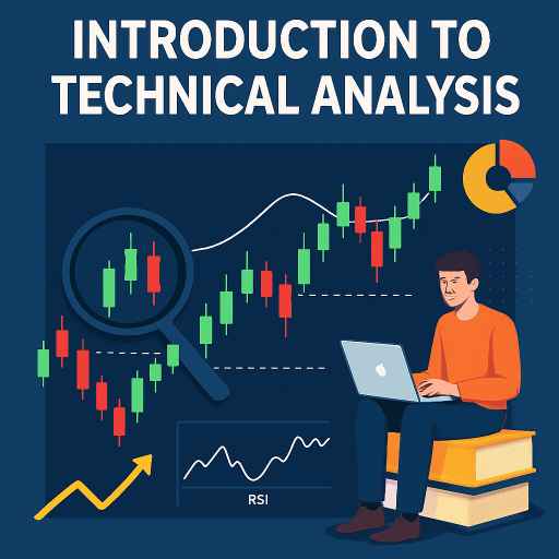 Flat-style illustration introduction to technical analysis in forex trading, showing charts, candlesticks, and market analysis elements.